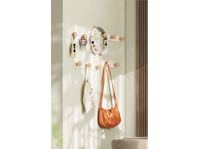  Patère murale en bois 5 crochets, double installation pour manteaux, clés, chapeaux, sacs, serviettes - entrée, chambre, salon, blanc  - Conforama B