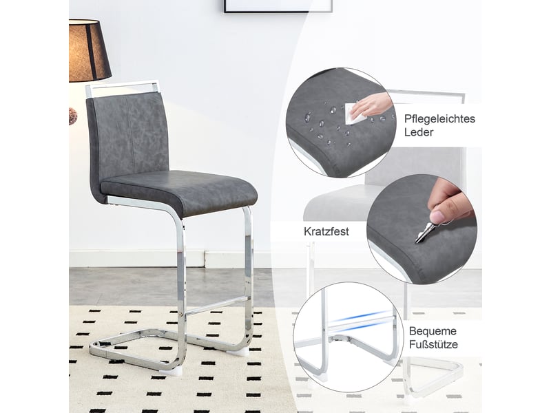 Tabourets de bar lot de 2 avec repose-pieds - lpospi - assise rembourrée, pu - gris foncé, métal argenté - Conforama E