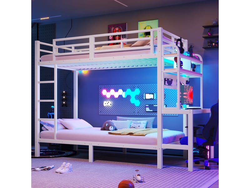 Lit mezzanine avec bureau et étagères, cadre en métal blanc, lit enfant 90x200 cm avec led et port usb, sécurité optimale. - Conforama E