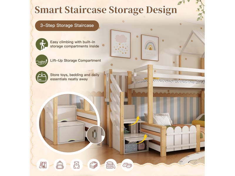  Lit superposé enfant 3 places 90 × 200 cm et 140 × 200 cm, escalier de rangement, sans matelas, blanc et chêne  - Conforama D