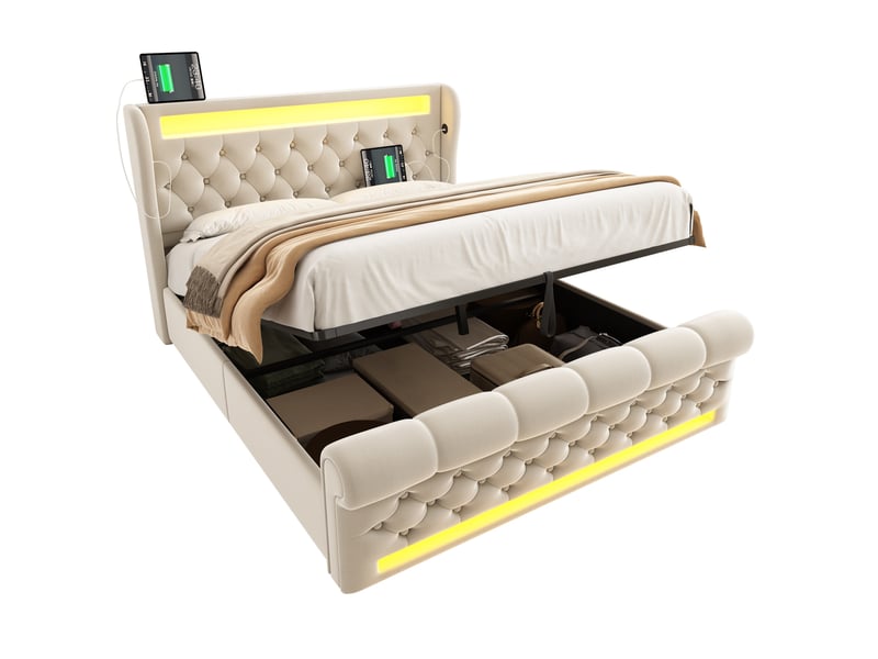  Lit double 160 x 200 cm beige en velours avec led, charge usbtype-c et matelas  - Conforama A