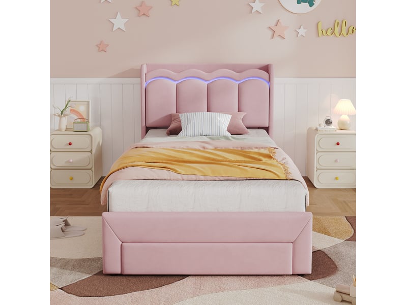  Lit enfant 90x200 cm avec tiroir, led contrôlée par application, velours rose, sans matelas  - Conforama B
