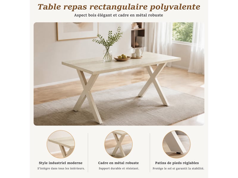  Ensemble table et 4 chaises - table rectangulaire 160x80 cm monobloc en travertin et pieds métal, 4 chaises en tissu beige et pieds en métal blanc  - Conforama D
