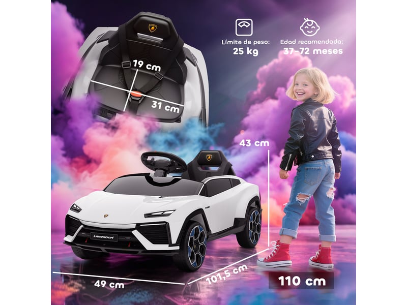  Voiture électrique lamborghini sous licence pour enfants de 3 ans et plus, batterie 12 v, télécommande 2,4 ghz, double moteur, blanche  - Conforama E