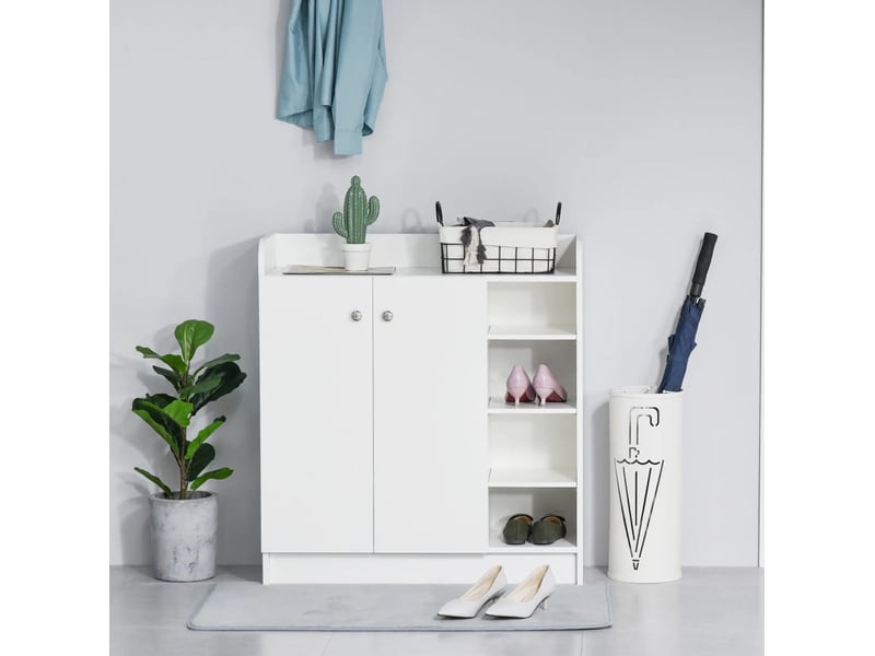  Meuble à chaussures 83x30x90 cm avec 2 portes et 4 compartiments bois blanc  - Conforama C