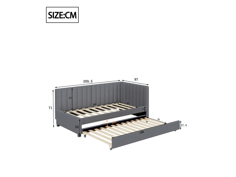 Lit banquette 90x200 cm en velours gris, lit gigogne multifonction avec sommier à lattes - Conforama C