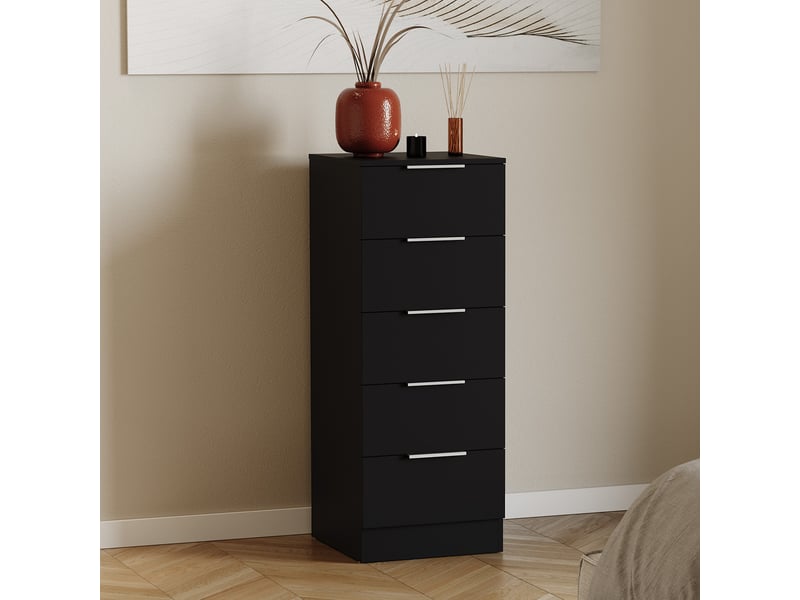  Commode trega 5 tiroirs étroite, chambre, rangement, petit espace, 90x34,5x36cm, noir 3332115 - Conforama B
