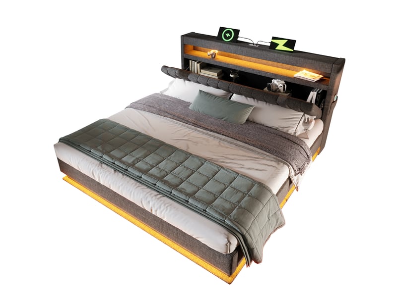  Lit coffre 160x200 cm avec tête de lit de rangement, usb et type-c avec matelas, led, lin, gris  - Conforama A