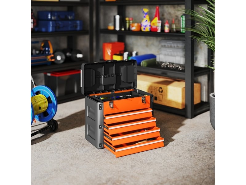  Boîte à outils vide 49,7 x 25,3 x 40,7 cm orange, acier et plastique, 4 tiroirs, rangement d'atelier  - Conforama B