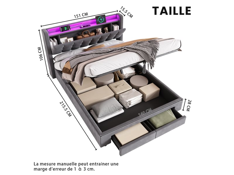  Lit rembourré ulevr 140x200 cm avec 2 tiroirs, éclairage led, ports usb, sommier hydraulique, velours  - Conforama C
