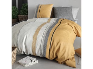 Parure housse de couette 260x240cm + 2 taies motif graphique jaune et gris 100% coton - cassy
