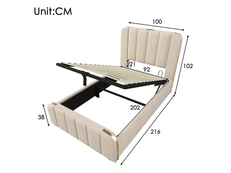  Lit coffre 1 place, 90x200 cm, avec rangement, usb type c, tête de lit rembourrée, matelas inclus, lin, coloris beige  - Conforama C