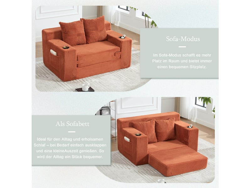  Fauteuil pouf double avec coussins et poches latérales, assise ergonomique en velours côtelé orange, 151 × 133 × 64 cm  - Conforama E