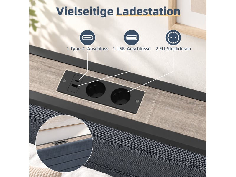  140x200cm-led-plateau de table pour tête de lit-cadre de lit tapissier- lit double-led-usb-type-c, blanc  - Conforama D