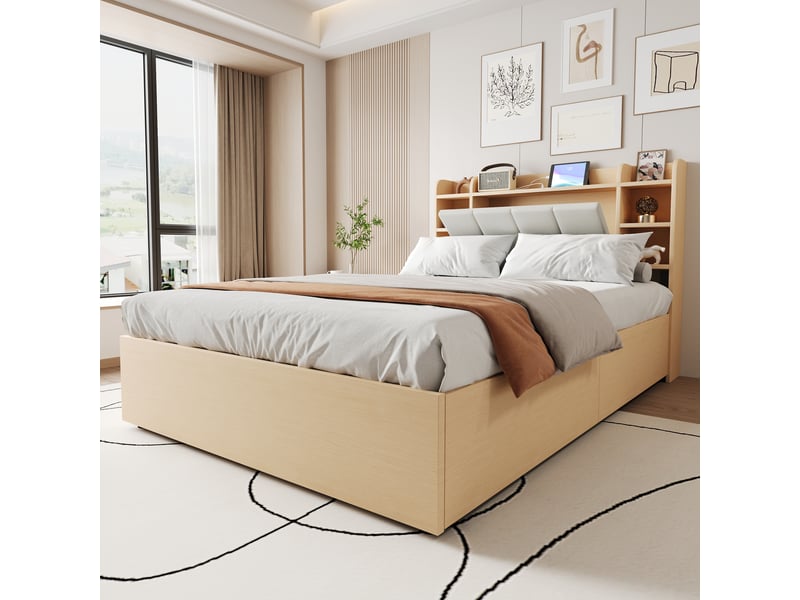  Lit en bois 140 x 200 cm avec relevage hydraulique, tête de lit avec rangement, usb et usb-c, sans matelas  - Conforama E