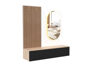 Meuble d'entrée 140x38x150 cm avec miroir et éclairage led, 2 tiroirs, mdf et panneau de particules, noir et bois