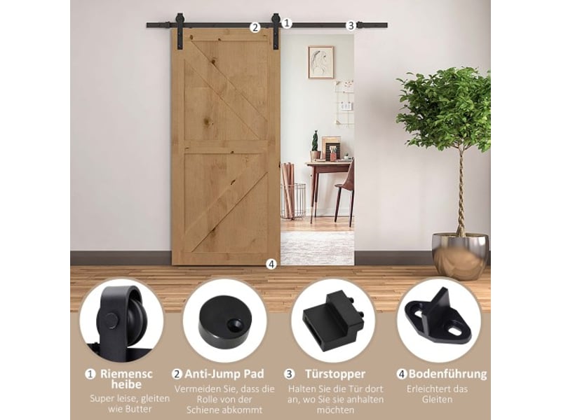 Kit de ferrure pour porte coulissante 200 cm en acier carbone noir avec rail, roulettes, butées, guide au sol et vis, système complet intérieur  - Conforama B