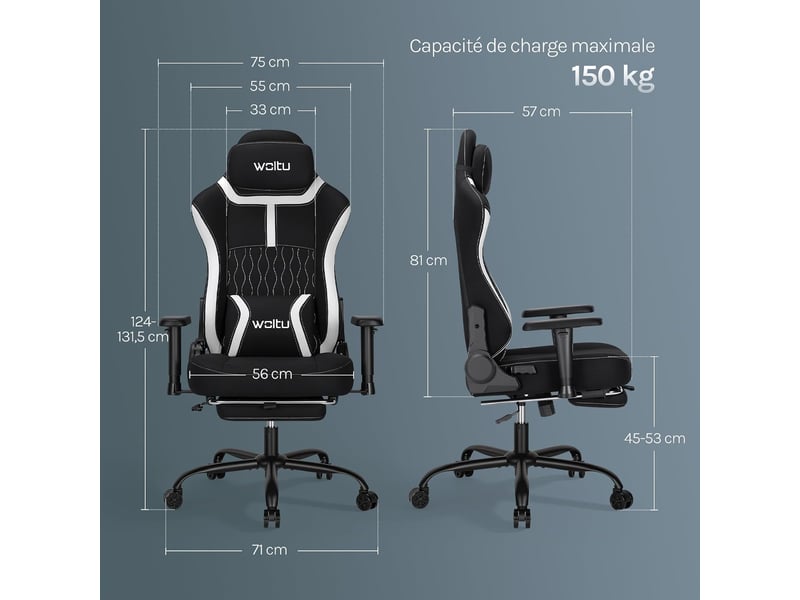  Chaise gaming, avec dossier inclinable appui-tête,repose-pieds rétractable, en maille, noir  - Conforama C