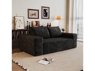 Canapé droit 2 places 180 cm noir en velours côtelé, design cloud sans cadre, assise profonde, sans montage