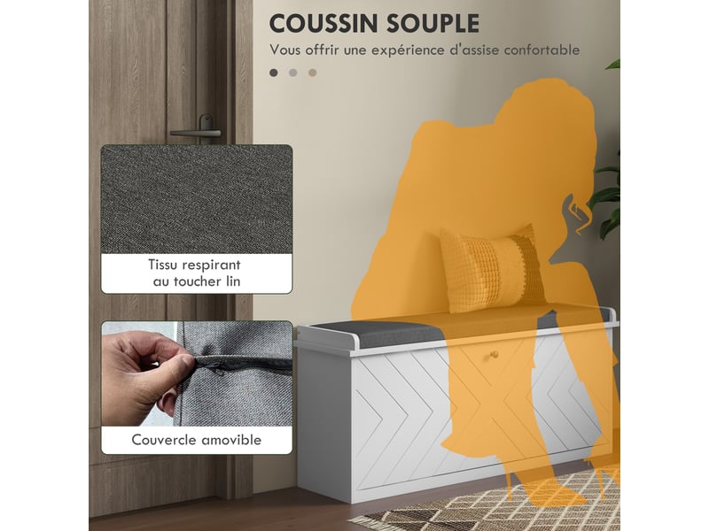  Banc à chaussures avec tiroir rabattable, coussin d'assise et étagère réglable, blanc, 100 x 26 x 48 cm  - Conforama W