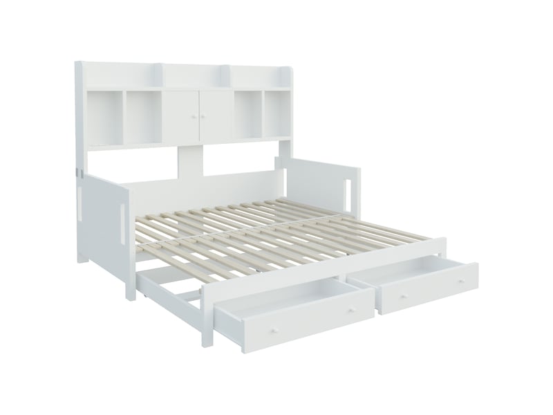Lit banquette 90x190 cm extensible 180x190 cm – blanc – rangements, led et prise - sans matelas - Conforama D