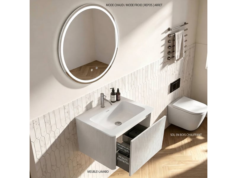 Meuble de salle de bain suspendu 60 cm miroir led rond avec fonction anti-buée vasque blanc - Conforama C
