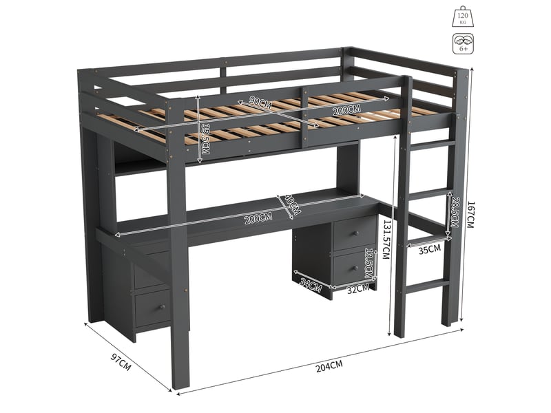  Lit mezzanine enfant 90 x 200 cm avec bureau, rangements et sommier à lattes gris  - Conforama C