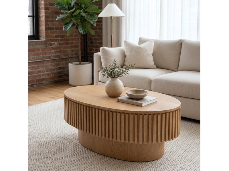  Table basse tcqpz ovale 98 x 60 x 35 cm rangement caché mdf plaqué bois naturel  - Conforama E