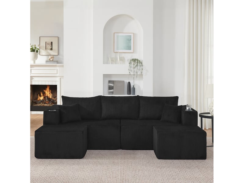  Canapé d'angle modulaire 3 places 230x138x75 cm velours côtelé noir  - Conforama C