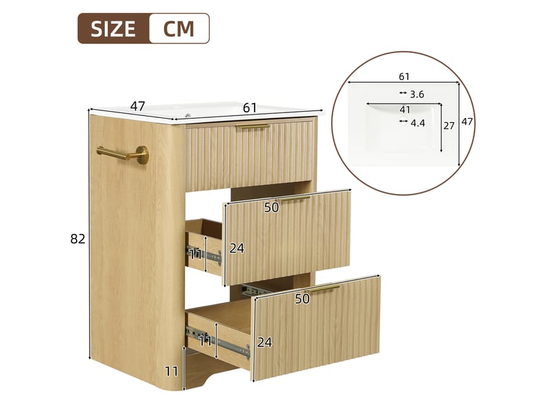 Meuble sous vasque lavabo, 2 tiroirs et porte-papier réversible pour salle de bain, mdf bois naturel, 61 × 47 × 82 cm - Conforama E