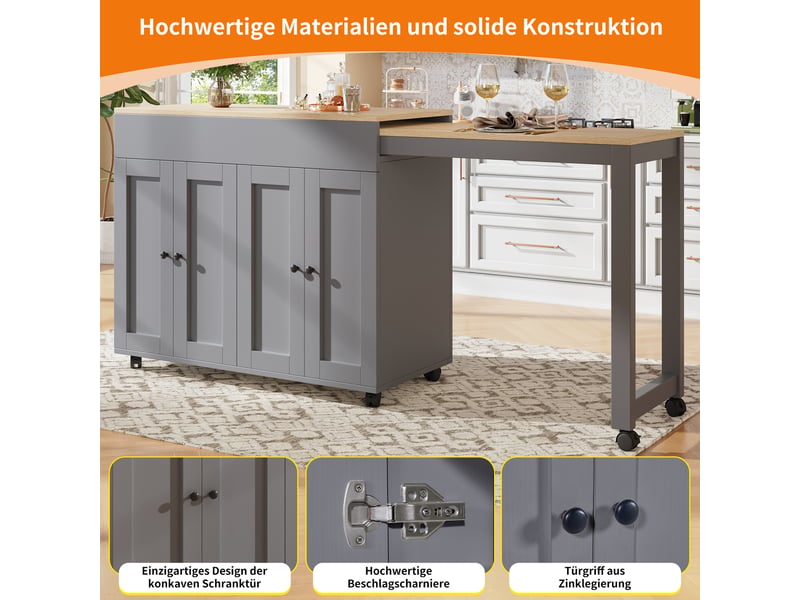  Table de bar extensible avec rangement 6 niches - lpospi - plateau coulissant, roulettes fixes, mdf gris 117 × 50 × 94,6 cm  - Conforama E