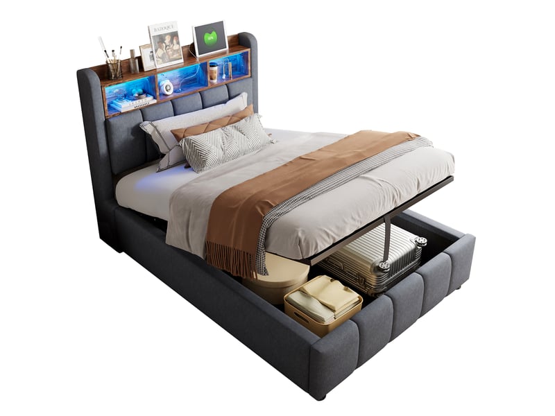 Lit coffre rembourré tcqpz 90 x 200 cm led multicolore usb usb-c avec matelas à ressorts gris - Conforama A