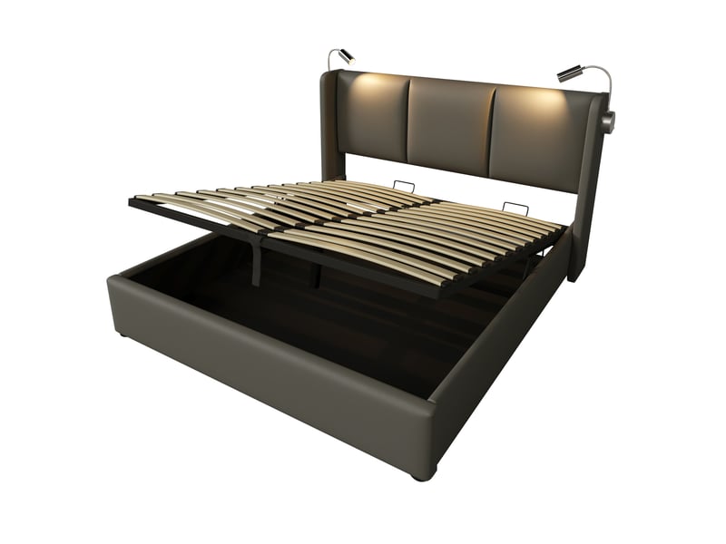  Lit coffre double 160x200 cm avec liseuse et fonction de charge pu gris sans matelas  - Conforama A