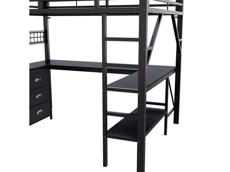  Lit mezzanine 140 × 200 cm 2 places avec 6 tiroirs, bureau, étagères et led, sans matelas, métal noir  - Conforama E
