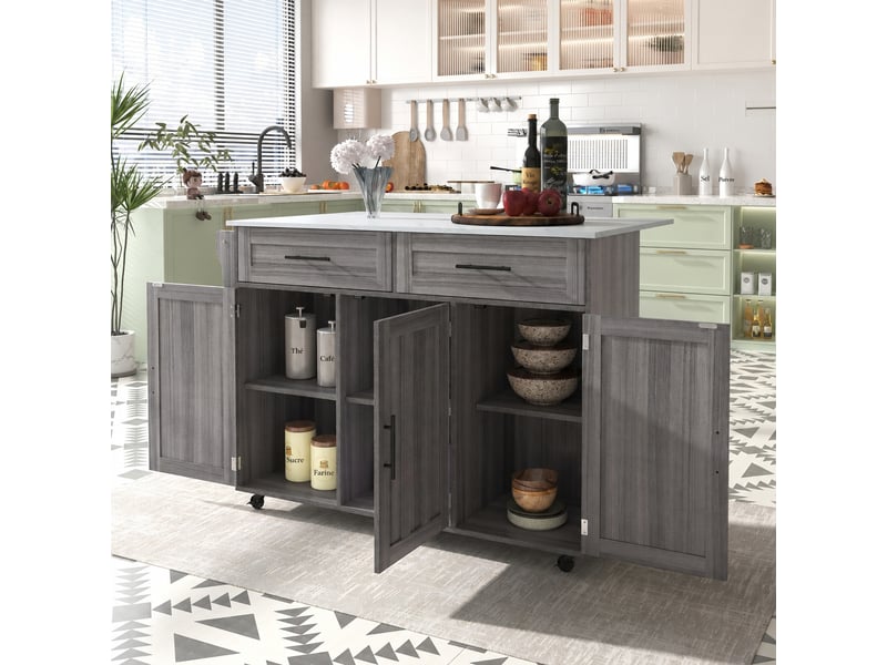  Îlot de cuisine mobile avec plateau de table rabattable, rangements et 5 roulettes, blanc et gris  - Conforama C