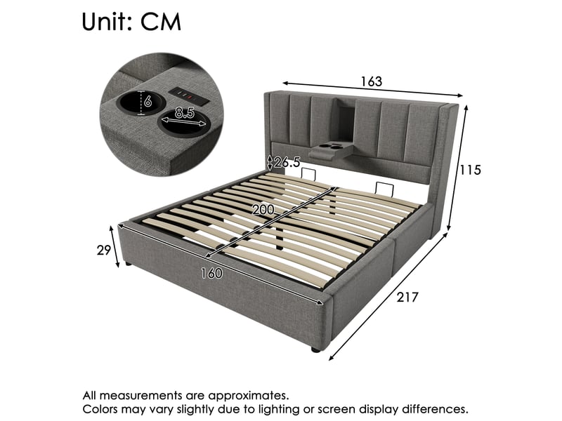  Lit double 160 x 200 cm gris avec rangement hydraulique, matelas et sommier inclus  - Conforama E