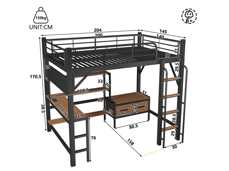 Lit mezzanine 140 × 200 cm 2 places avec bureau, led, usb, étagères et tiroirs, sans matelas, noir - Conforama D