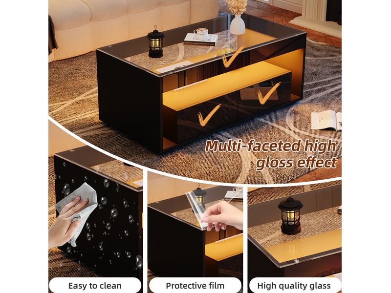  Table basse led avec 2 tiroirs et niche ouverte, en verre trempé et panneau de particules, noir, 100 × 50 × 40 cm  - Conforama E