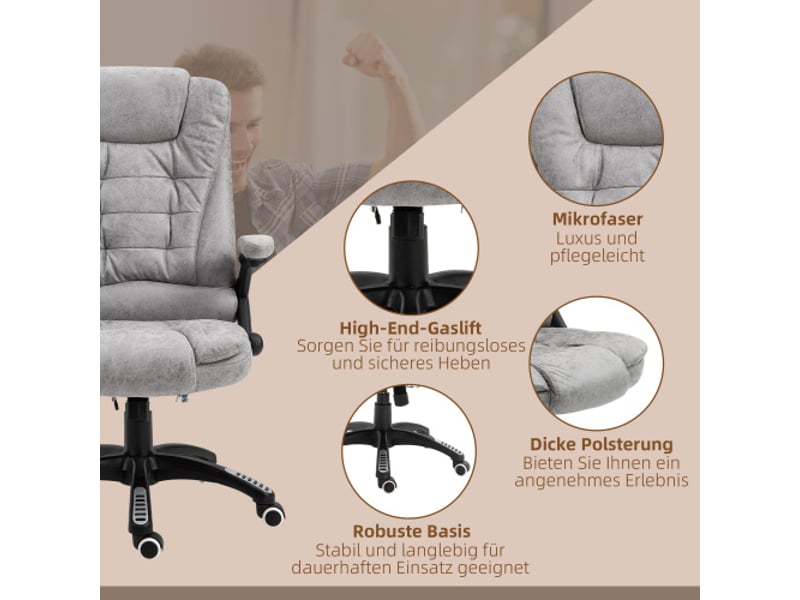  Chaise de bureau ergonomique avec massage et chaleur, 6 points, réglable, gris, 68x72x110-120 cm  - Conforama E