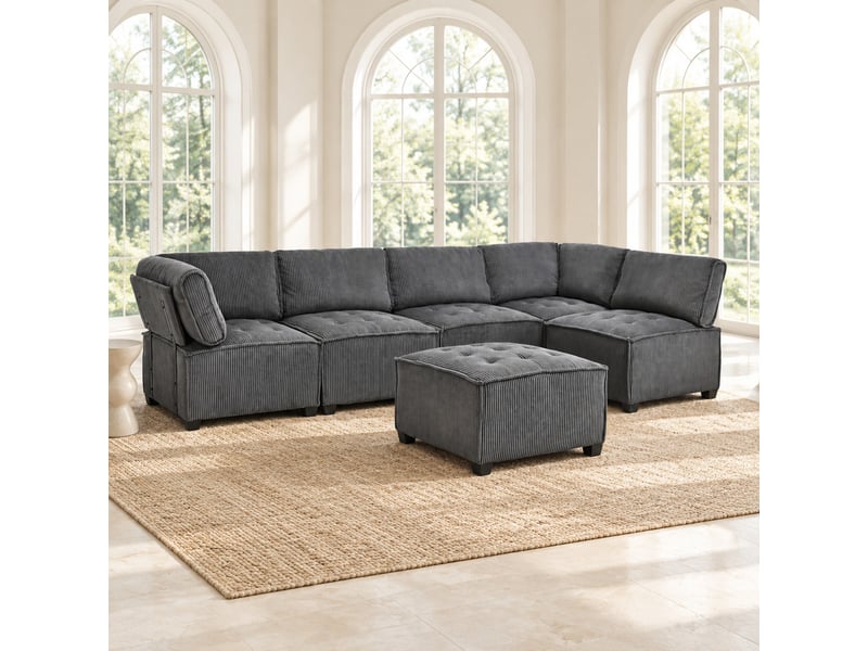  Canapé d'angle 6 pl 308x154x82cm, assise en mousse, revêtement velours, accoudoir, convertible avec poches de rangement, gris  - Conforama B