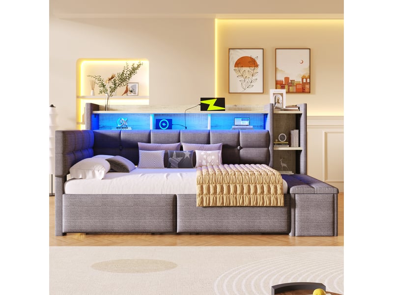 Lit banquette 90x190 cm en velours avec 2 tiroirs, banc coffre, rangements, led multicolore, ports usb et type-c, gris foncé - Conforama D