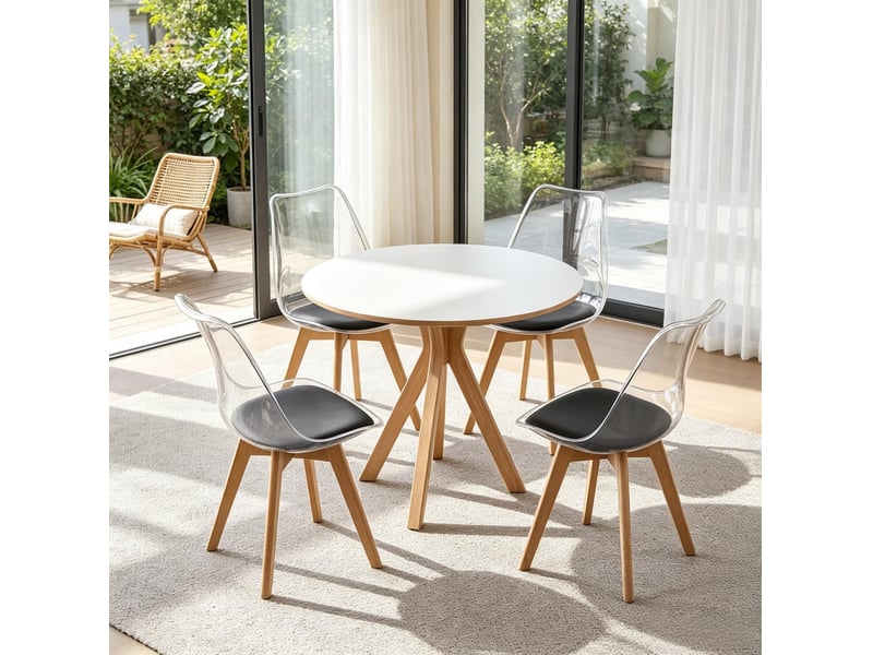  Lot de 4 chaises de salle à manger avec coussin en similicuir noir et pieds en bois  - Conforama C