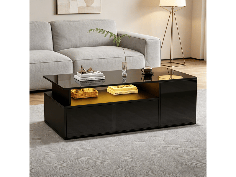  Table basse noire brillante avec led 100x50x35 cm, 2 tiroirs et rangements  - Conforama R