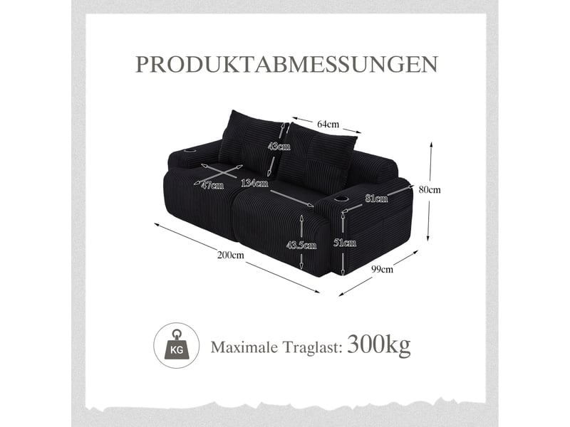  Canapé droit fixe 2 places tissu noir  - Conforama C