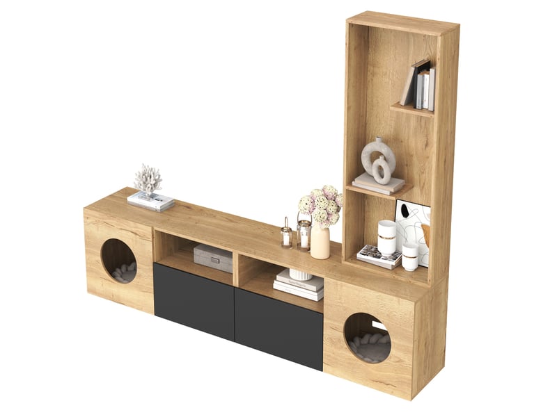  Meuble tv tcqpz avec étagère haute et espace animaux de compagnie 185 x 40 x 162 cm bois naturel et noir  - Conforama A