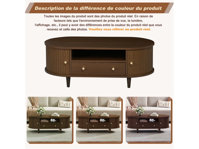  Table basse ovale en mdf finition noyer – 100 x 50 x 36 cm – 1 tiroir et rangements à rideau  - Conforama D