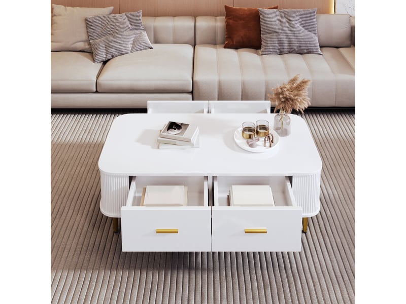  Table basse 105x51x38 cm avec 4 tiroirs sur deux côtés, angles arrondis et façades rainurées, mdf, blanc et doré ABC - Conforama E