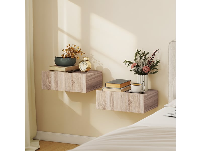  Lot de 2 tables de chevet murales, tables de nuit suspendues avec tiroir coulissant, 40 x 30 x 15 cm, chêne  - Conforama C