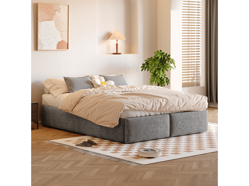  Lit capitonné 140*200cm gris, relevage hydraulique, 2 tiroirs, sans matelas, sans tête de lit  - Conforama D