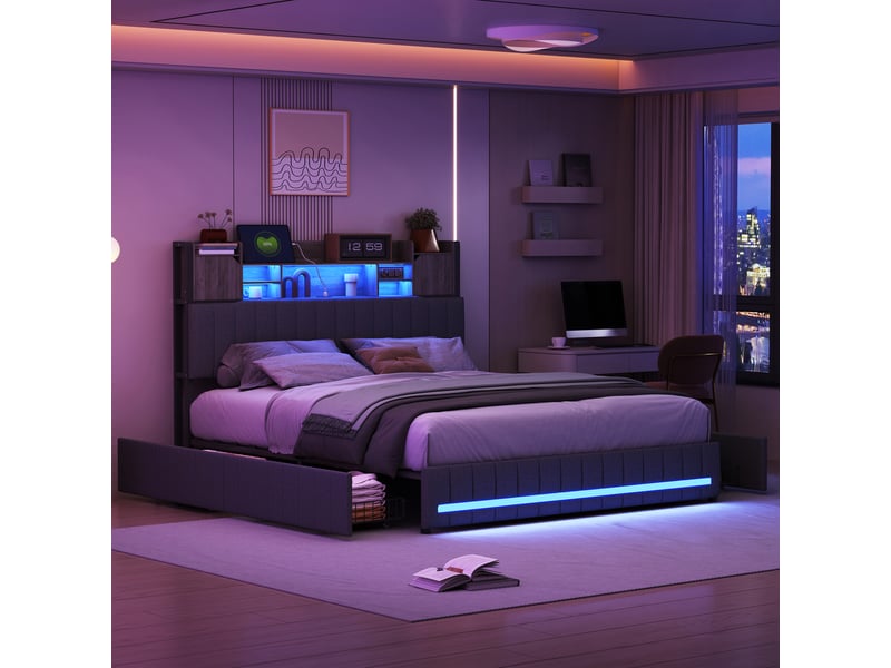 160 x 200 cm lit coffre rembourré avec tête de lit intégrant des rangements et 4 tiroirs ; cadre de lit deux places moderne gris foncé avec bande led et ports usb (matelas non inclus) 240727HGY0302#ADHWsCXSefFRHF - Conforama E